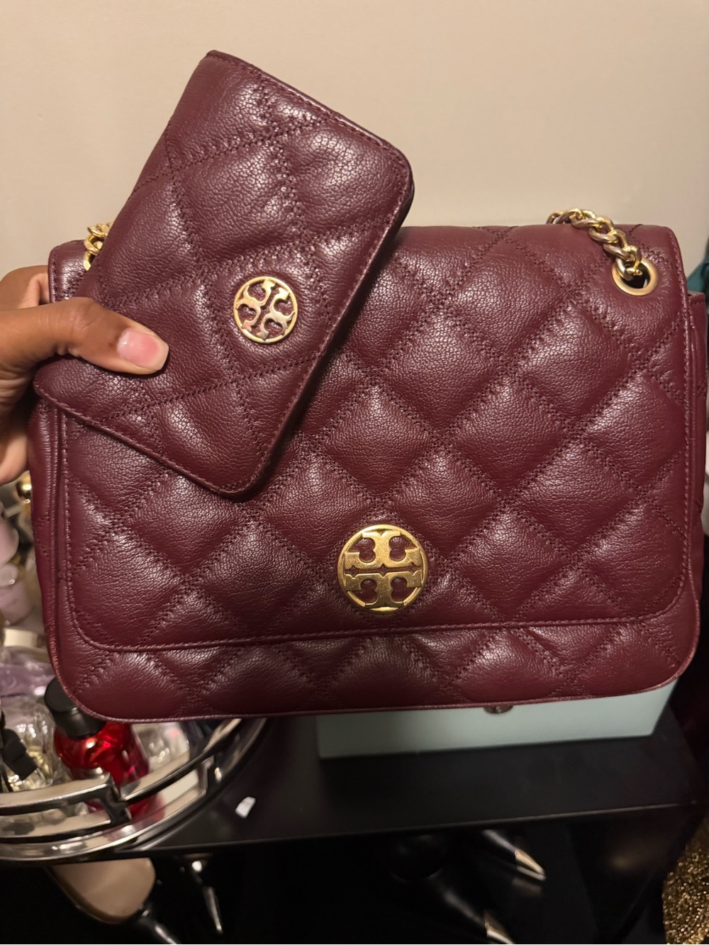 Tory Burch Quilted Shoulder Bag and Wallet in Wine with Gold Hardware - Picture 1 of 4